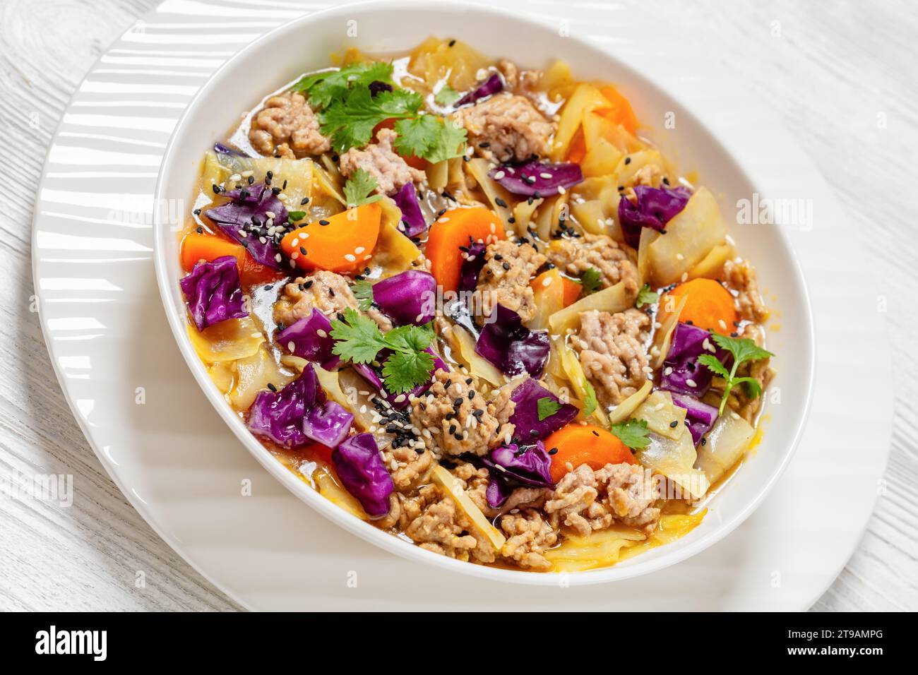 soupe au chou roulé aux œufs avec du porc haché et des légumes dans un bol blanc sur une table en bois blanc avec ispon, cuisine asiatique, gros plan Banque D'Images