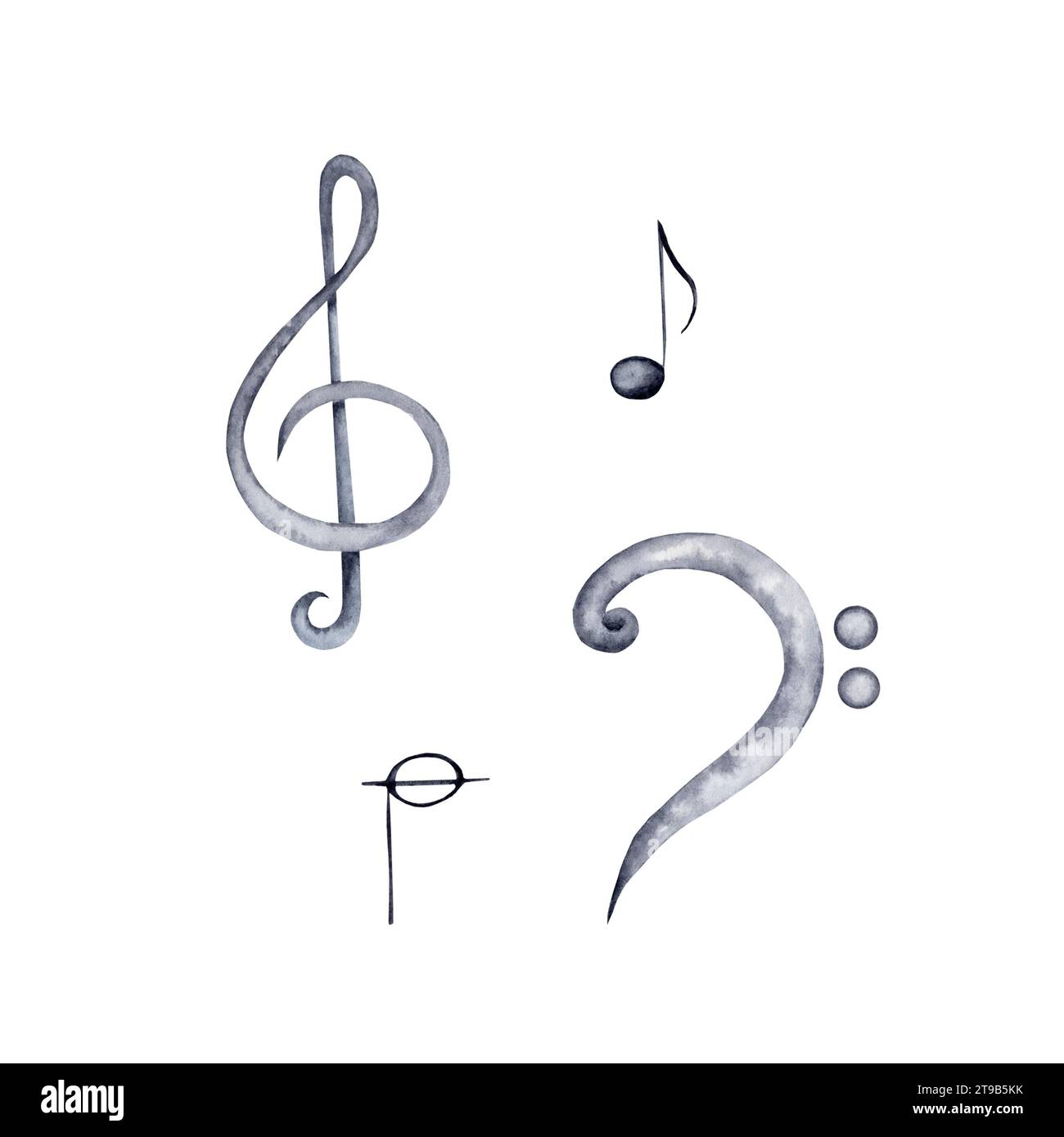 Illustration de l'aquarelle des aigus et des basses avec notes. Collection d'éléments isolés peints à la main de musique classique sur fond blanc. Banque D'Images