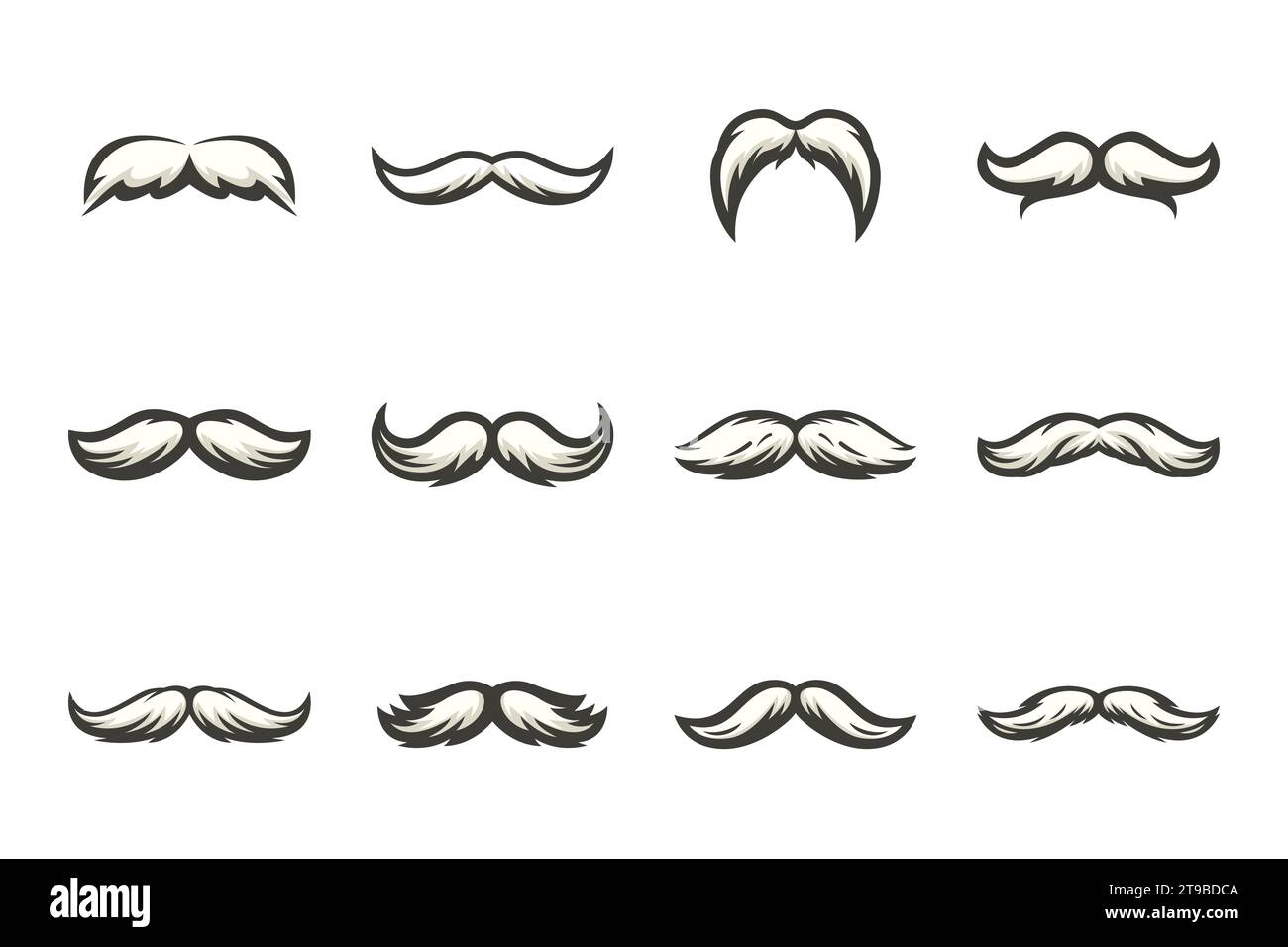 Set de moustache à isolation vectorielle. Décoration de fête de visage pour Portrait, Stencil. Illustration plate en noir et blanc, forme de moustache du Père Noël avec contour Illustration de Vecteur