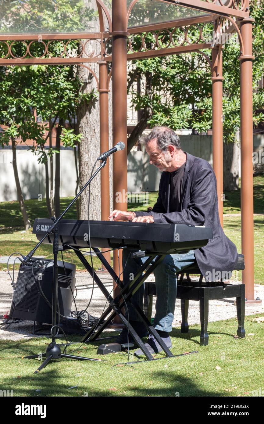 Concert de jazz en plein air avec Desinvolt Trio. Scène Bayssan, lieu dédié à l'art-culture-loisirs. Béziers, Occitanie, France Banque D'Images