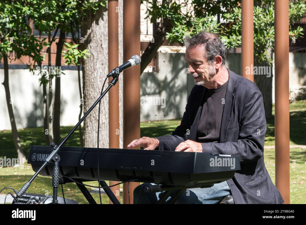 Concert de jazz en plein air avec Desinvolt Trio. Scène Bayssan, lieu dédié à l'art-culture-loisirs. Béziers, Occitanie, France Banque D'Images