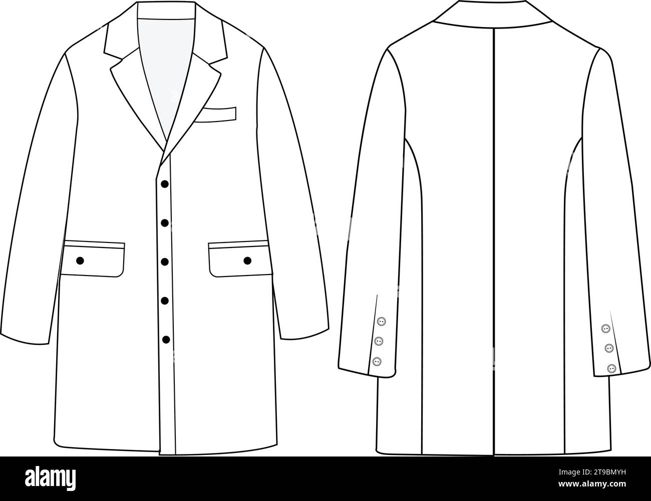 Conception vectorielle de trench-coat croisé pour femmes, manteau long pour femmes, illustration vectorielle, dessin technique plat. Illustration de Vecteur