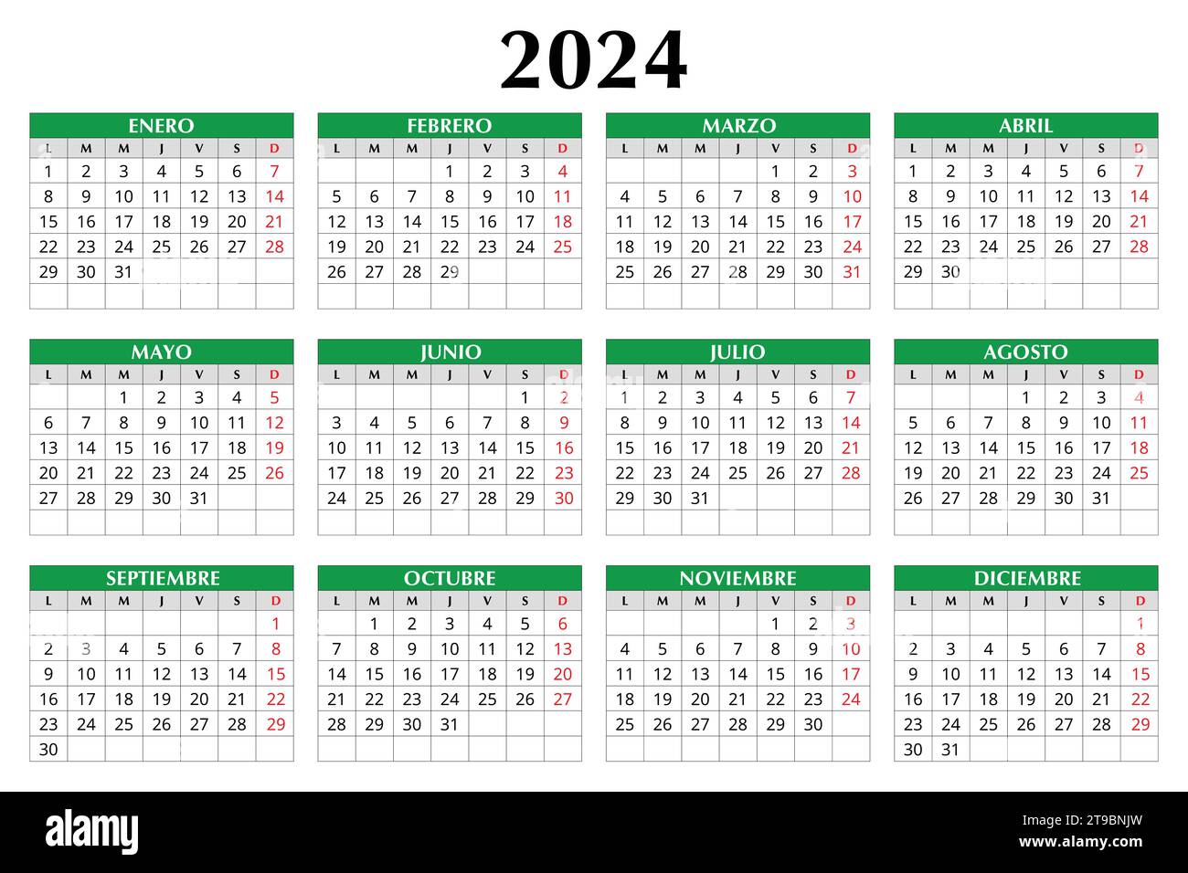 calendrier espagnol de 2024 ans. Illustration de modèle vectoriel en Espagne. Calendrier horizontal Illustration de Vecteur