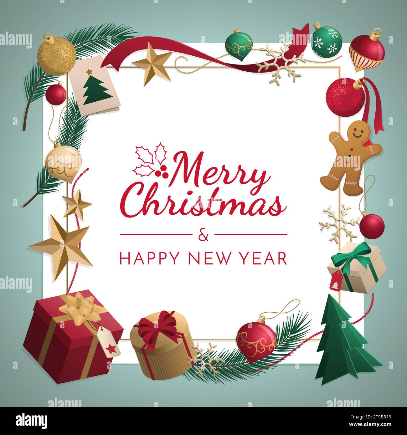 Carte de Noël de vacances avec cadre composé d'ornements et de cadeaux, espace de copie vierge Illustration de Vecteur