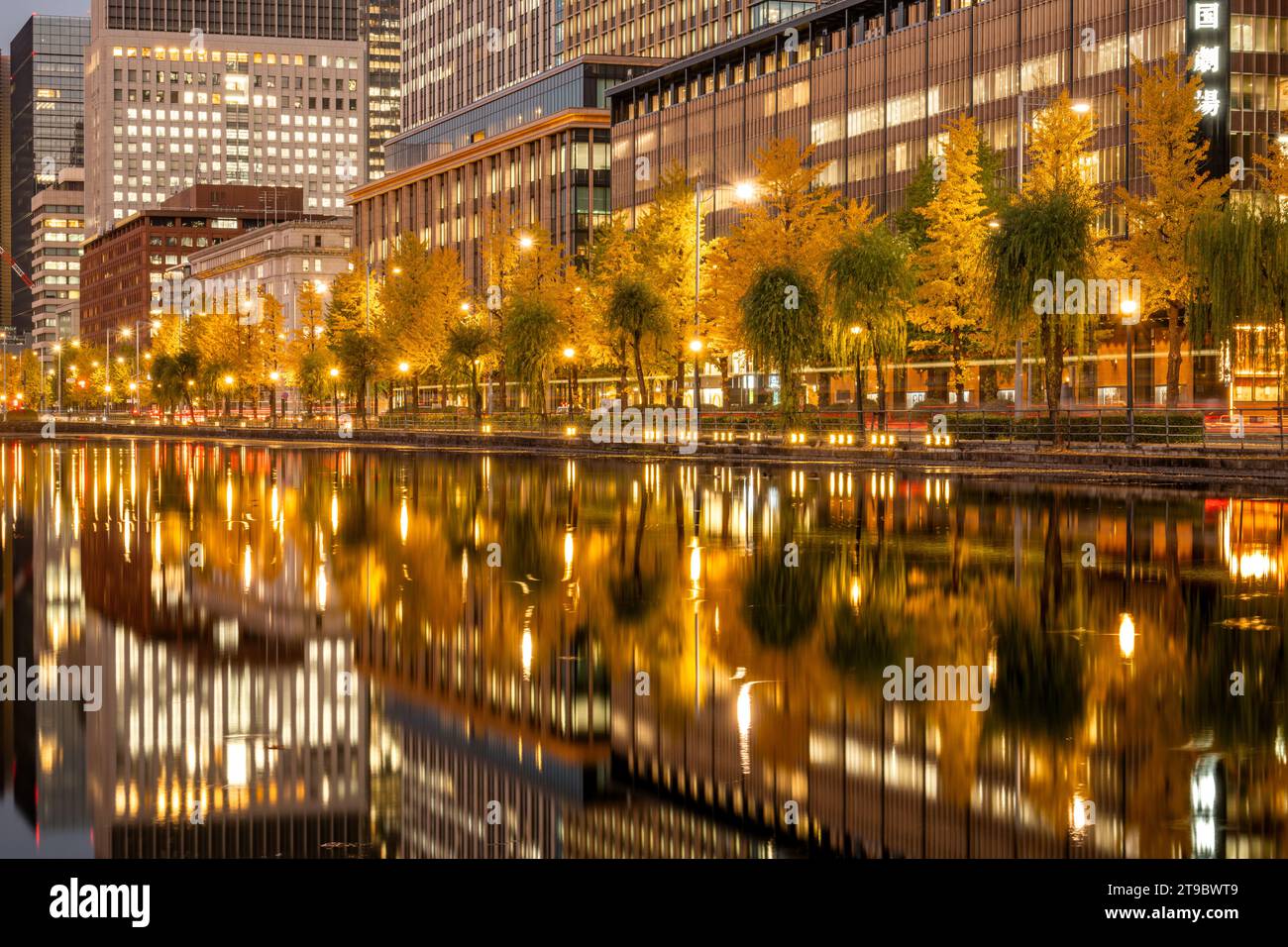 Vue nocturne de Marunouchi et Hibiya à Tokyo avec réflexion de l'eau en automne Banque D'Images