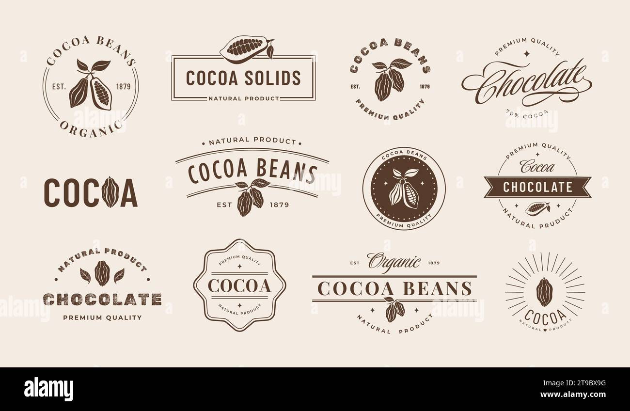 Emblème cacao. Étiquettes de fèves de cacao vintage, ensemble de vecteurs de modèles de conception de marque gastronomique au chocolat artisanal Illustration de Vecteur