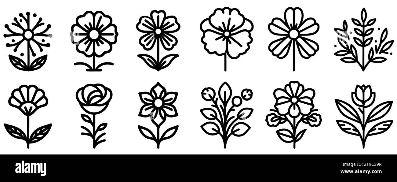 Ensemble d'icônes de fleurs. Collection d'icônes florales linéaires noires. Différentes icônes de fleurs monochromes. Illustration vectorielle Illustration de Vecteur