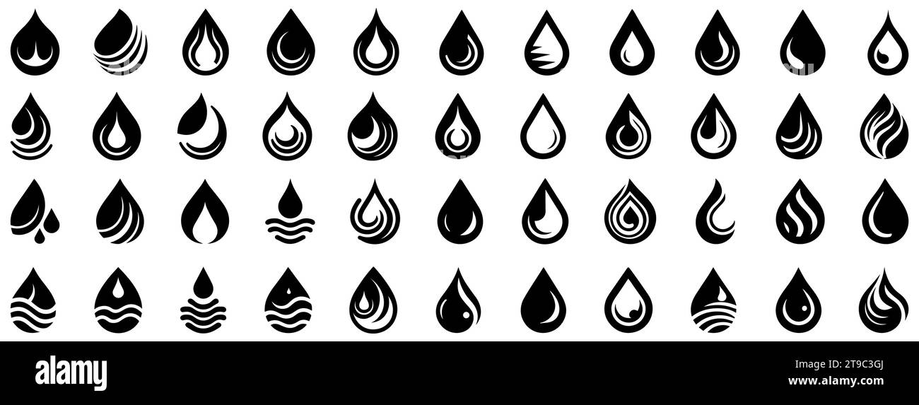 Icône goutte d'eau. Ensemble de silhouettes noires stylisées en forme de goutte dans un design plat. Illustration vectorielle Illustration de Vecteur