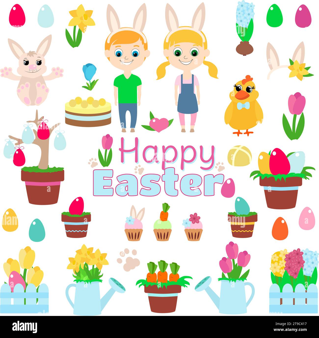 Set de Pâques : enfants heureux souriants, oreilles de lapin, lapin, œufs de pâques, brioches croisées chaudes, saké, jonquille, tulipe, jacinthes, crocus, poulet, wate Illustration de Vecteur