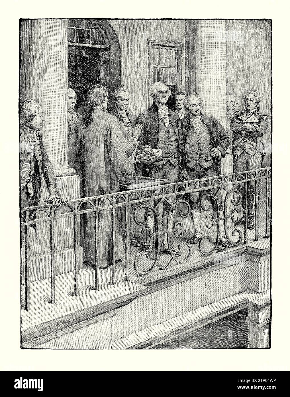 Une ancienne gravure de l'inauguration de George Washington en tant que premier président des États-Unis, tenue le 30 1789 avril sur le balcon du Federal Hall à New York, États-Unis. Il est tiré d'un livre d'histoire américain de 1895. C'était la première investiture de George Washington (1732-1799) et a eu lieu près de deux mois après le début du premier mandat de quatre ans de Washington en tant que président. Le chancelier de New York Robert Livingston a prêté serment présidentiel. Banque D'Images