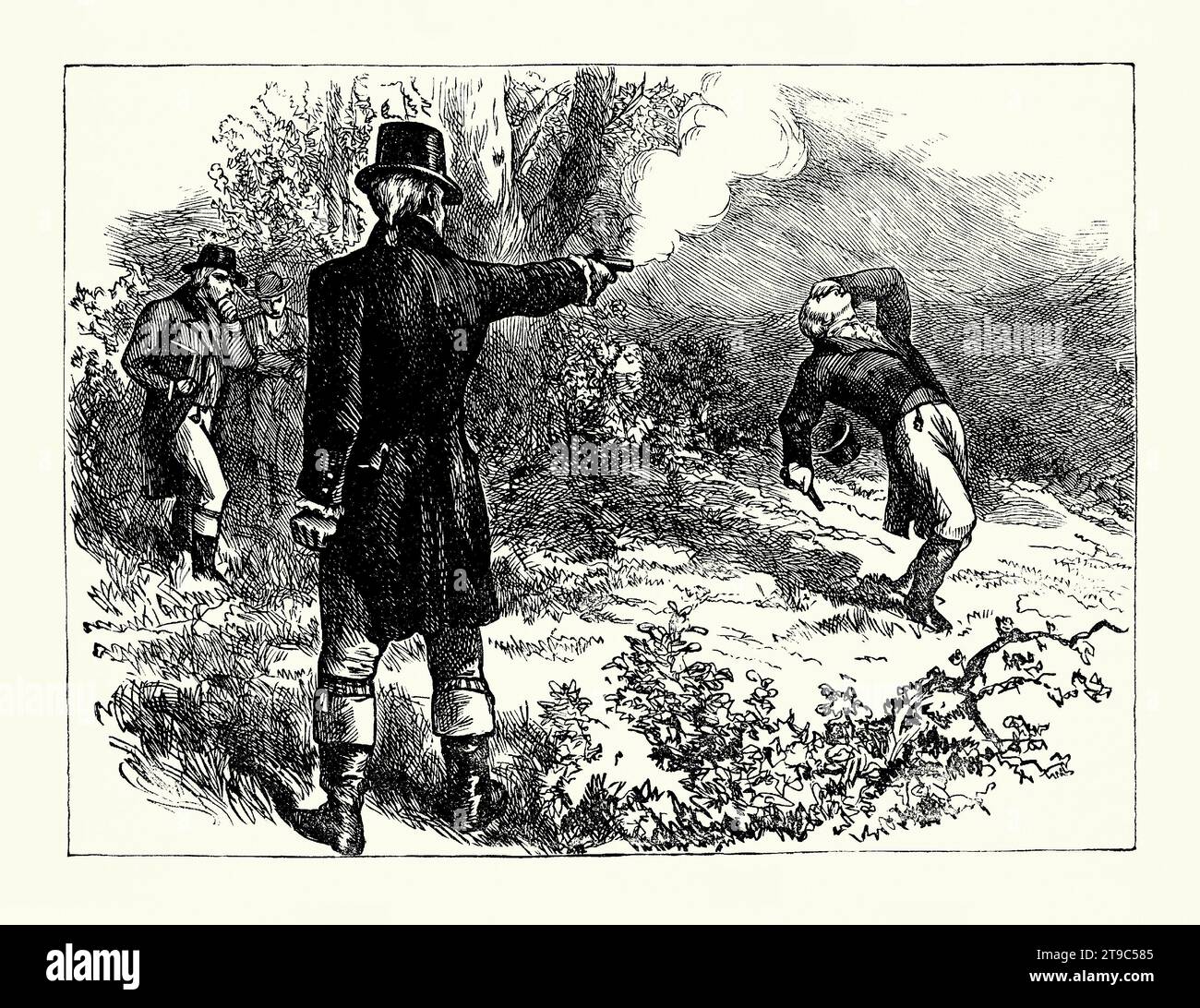Une ancienne gravure du duel entre Aaron Burr et Alexander Hamilton, à Weehawken, New Jersey, USA à l'aube du 11 1804 juillet. Il est tiré d'un livre d'histoire américain de 1895. Aaron Burr, vice-président américain, et Alexander Hamilton, ancien secrétaire au Trésor. Il y avait une rivalité amère entre les deux politiciens de haut niveau. Dans le duel Burr a tiré Hamilton dans l'abdomen. Hamilton a été emmené pour un traitement à New York, mais il est décédé le lendemain. Le duel mit fin à la carrière politique de Burr, qui fut diffamé pour avoir tiré sur Hamilton. Banque D'Images