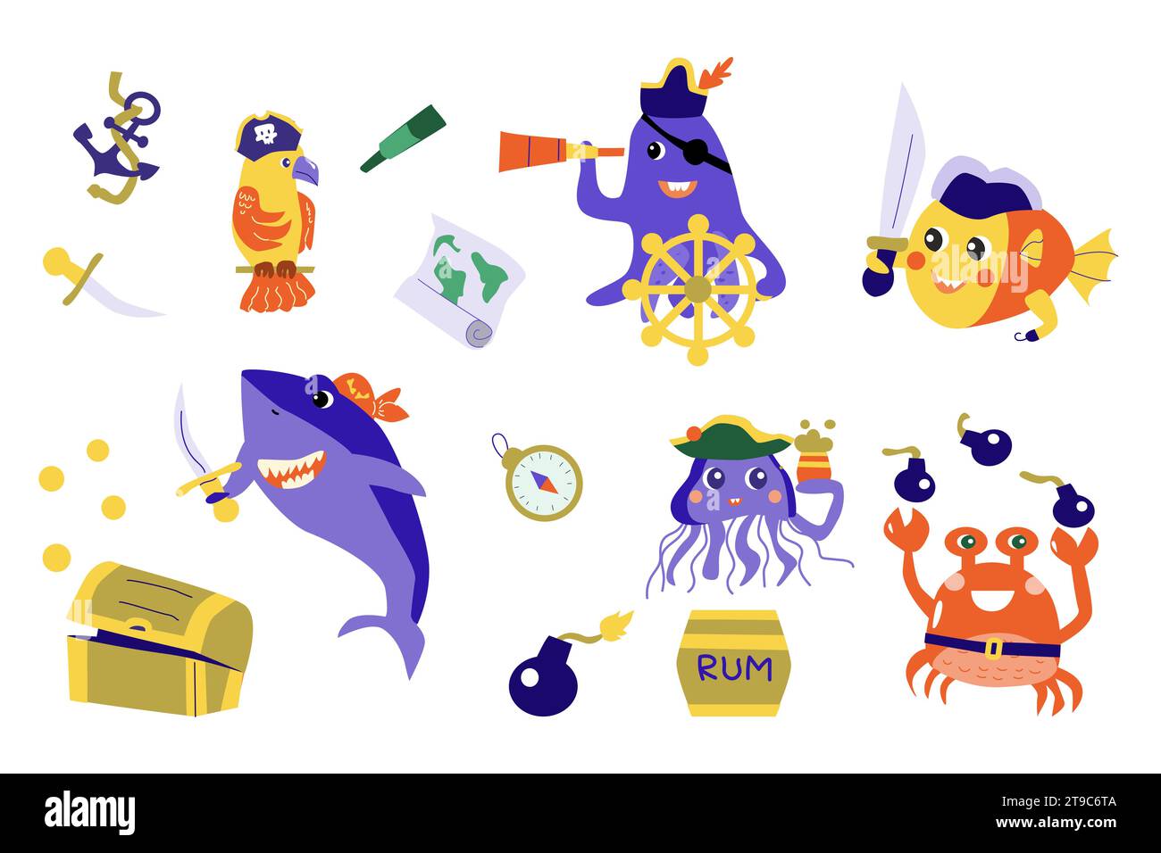 pirates de poissons mignons avec différents éléments pirates Illustration de Vecteur