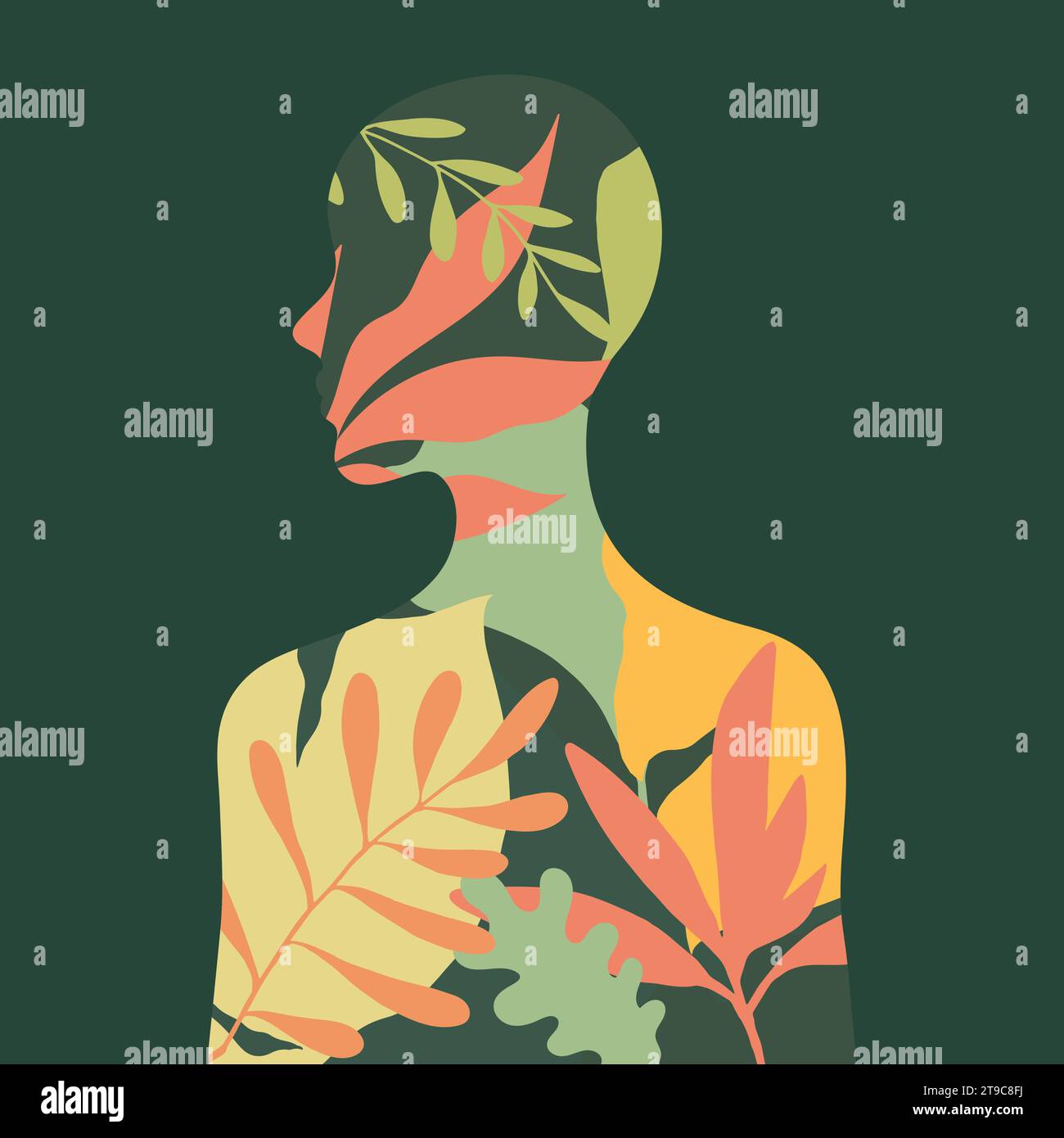 Vue de profil de silhouette humaine avec des plantes de forêt tropicale à l'intérieur. Illustration vectorielle Illustration de Vecteur