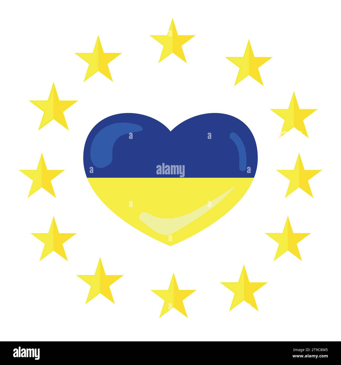 Drapeau ukrainien en forme de coeur dans un cadre de douze étoiles de l'Union européenne,illustration vectorielle sur fond blanc.symbole du coeur ukrainien Illustration de Vecteur
