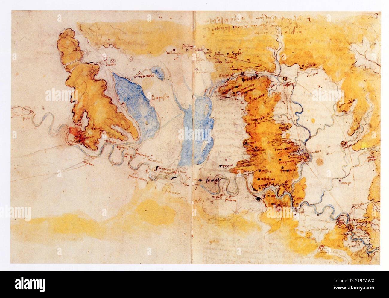 Léonard de Vinci. Carte de la vallée de l'Arno à proximité de Pise. Banque D'Images
