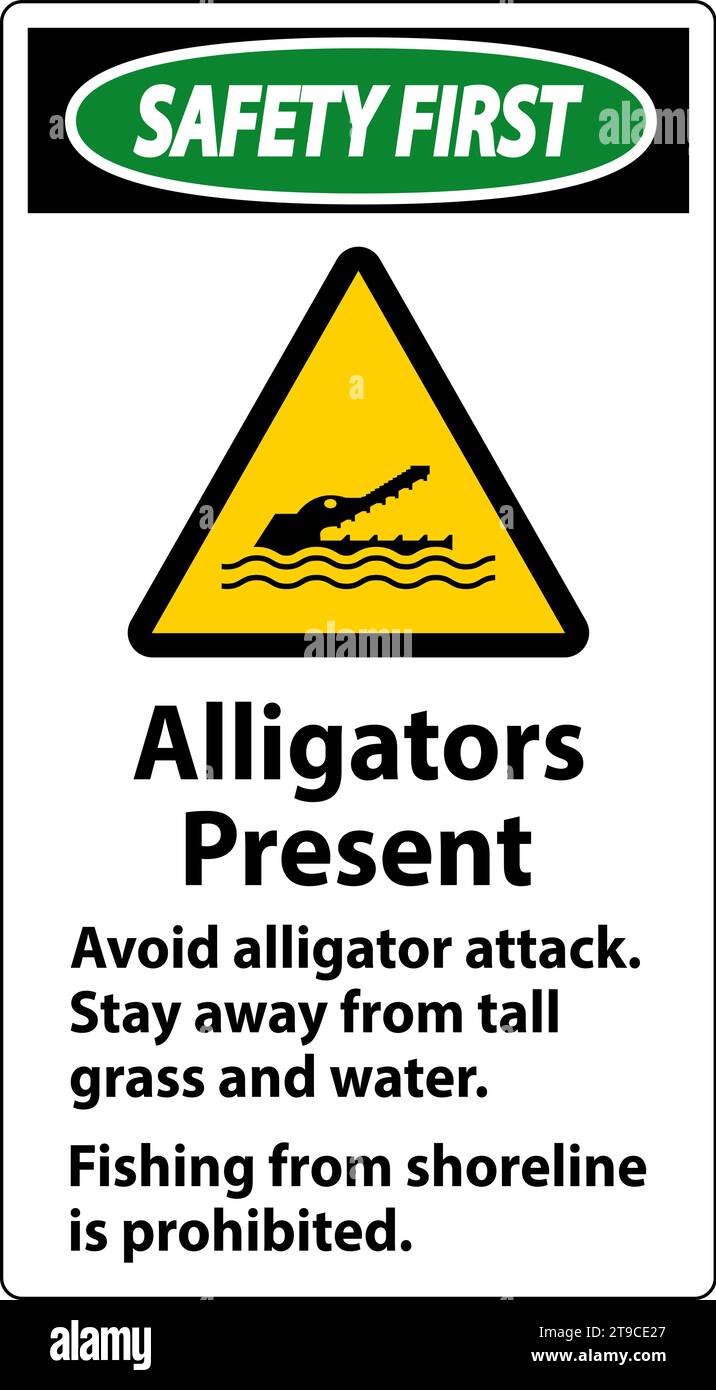 Panneau d'avertissement alligator, danger - alligators présents, éviter l'attaque d'alligator, rester à l'écart, pêcher à partir du rivage est interdit Illustration de Vecteur