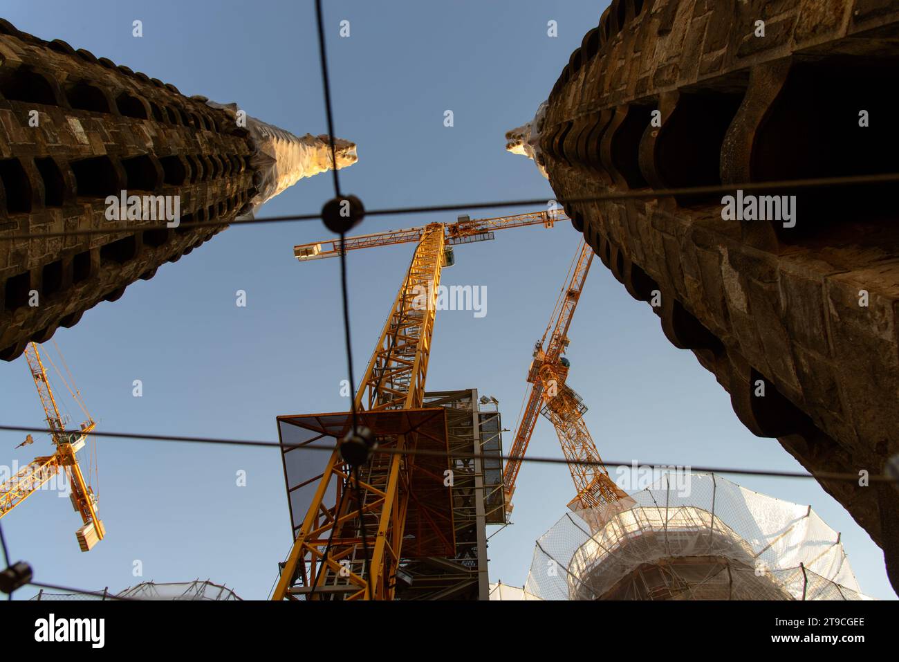 Vue des grues sur l'église de la Sagrada Familia à Barcelone Espagne Banque D'Images