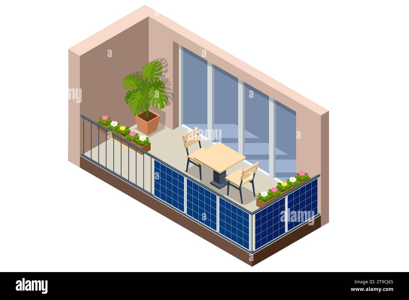 Panneaux solaires isométriques sur le balcon de l'appartement. Petit système d'énergie de panneau solaire. Petit système d'énergie de panneau solaire local sur balcon. Illustration de Vecteur