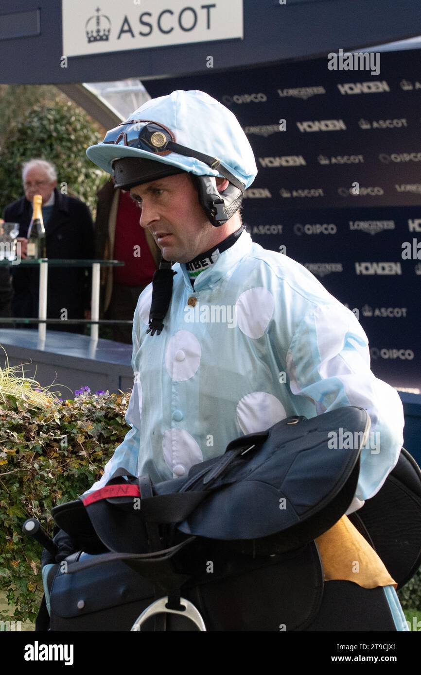 Ascot, Berkshire, Royaume-Uni. 24 novembre 2023. Le jockey Nico de Boinville a monté à cheval sur le DoddieTheGreat pour remporter la course de haies d'introduction à l'hippodrome d'Ascot lors de la réunion du vendredi de novembre. Propriétaire K Alexander, entraîneur Nicky Henderson, Lambourn. Éleveur Kenneth Alexander. Crédit : Maureen McLean/Alamy Live News Banque D'Images