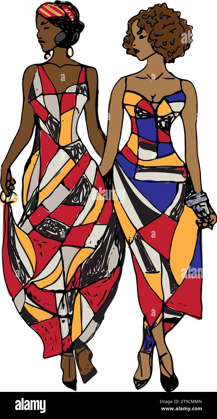 Deux femmes noires portant des robes à imprimé blocs sur le thème des années 1970 marchant main dans la main. Illustration de Vecteur