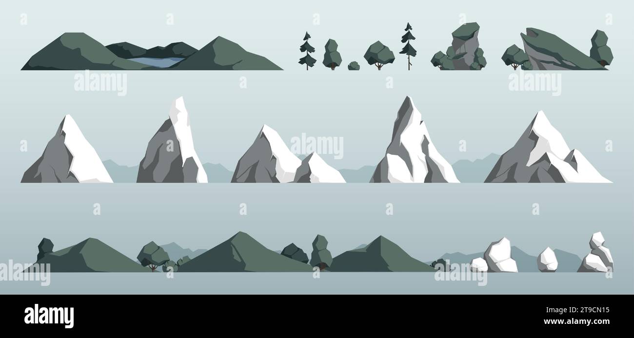 Montagnes et collines. Paysage de dessin animé avec des pics et des crêtes, vue panoramique des pics de montagne et des crêtes avec des arbres et des rochers. Illustration plate de vecteur de montagne de pic de paysage de bande dessinée Illustration de Vecteur
