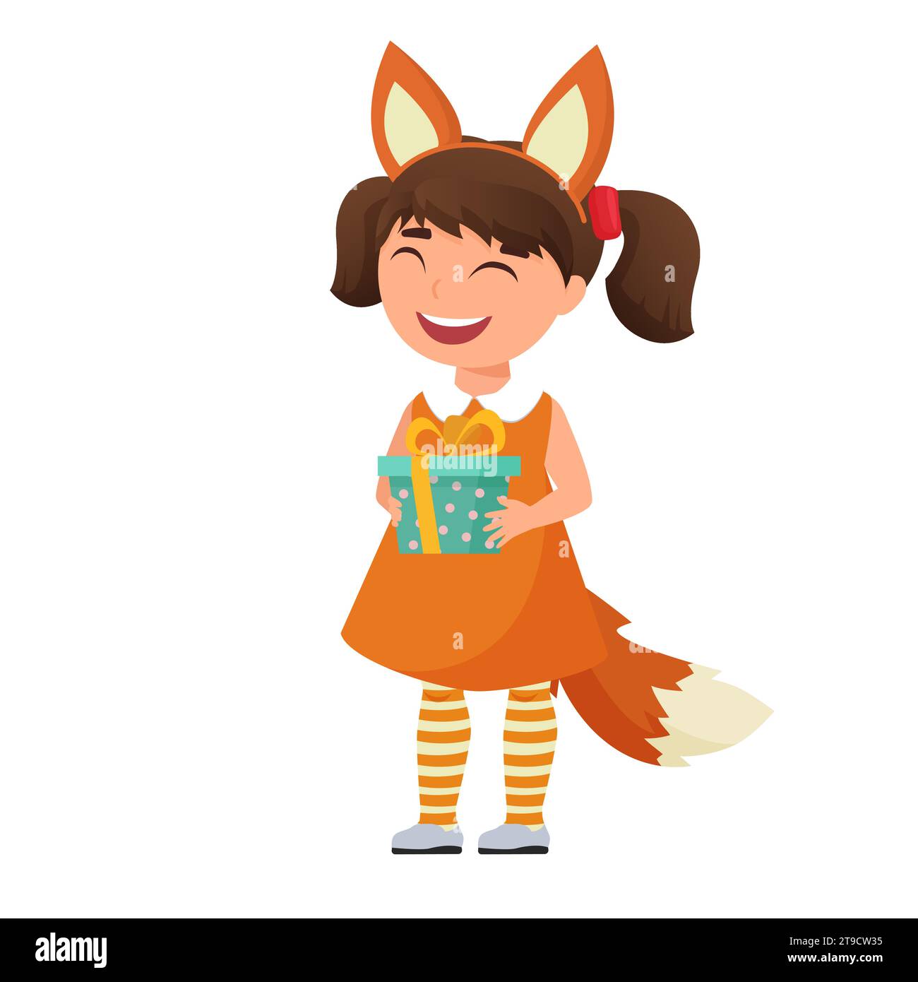 Enfant heureux en costume de renard. Vêtements de fête de Noël, illustration de dessin animé vectoriel de carnaval de fête d'hiver Illustration de Vecteur