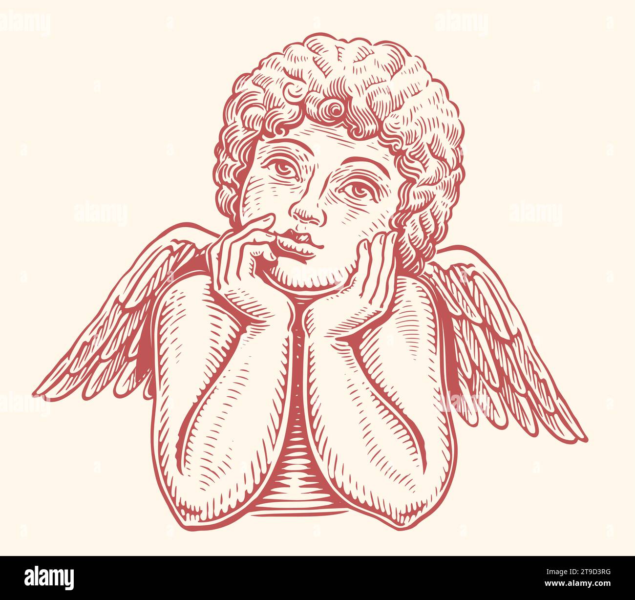 Pensif mignon ange enfant. Bébé mignon avec des ailes. Illustration vectorielle vintage dessinée à la main Illustration de Vecteur
