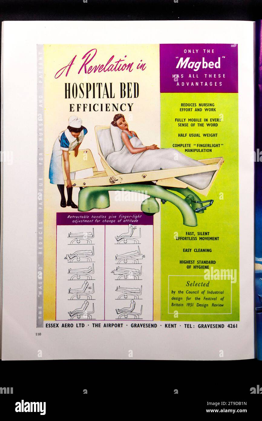 publicité vintage pour un lit d'hôpital magbed dans le guide de conception du festival de grande-bretagne 1951 Banque D'Images