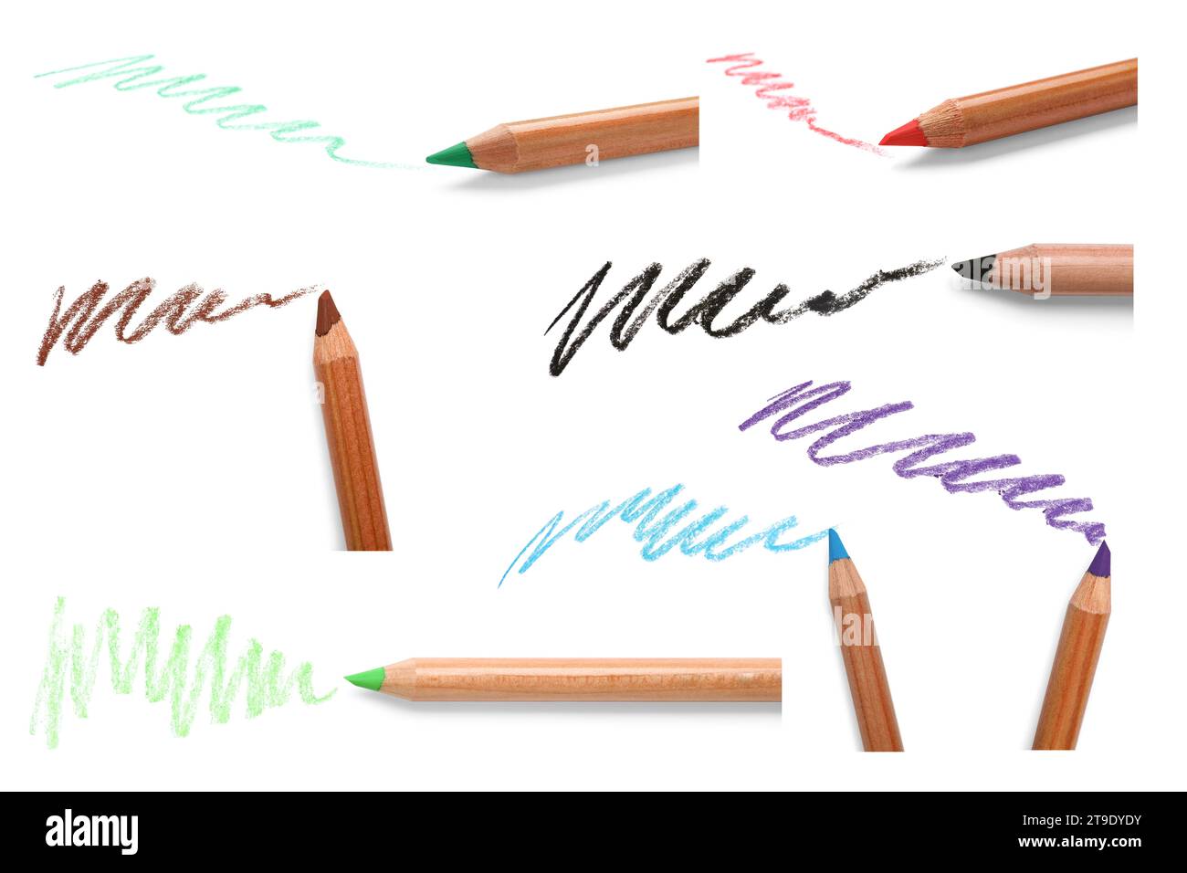 Crayons pastel colorés et grillades sur fond blanc, ensemble. Fourniture de dessin Banque D'Images