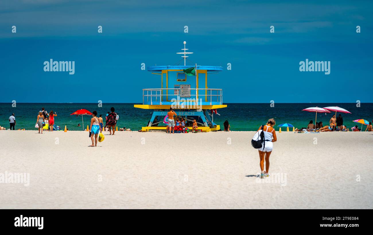 Miami Beach, Floride, États-Unis - boîte de plage de Coastguard Banque D'Images