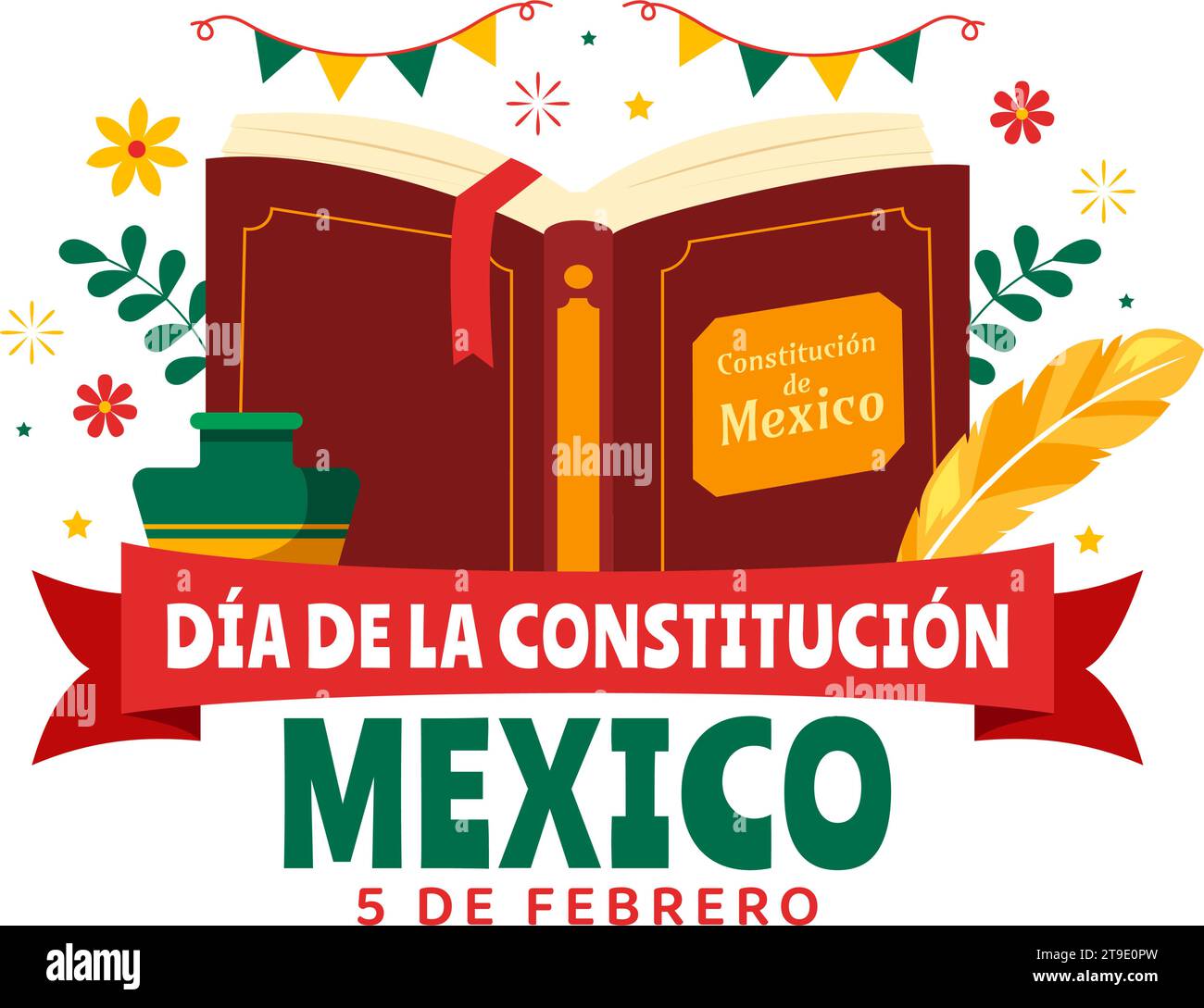 Dia de la Constitucion Illustration vectorielle. Traduction : Joyeux jour de la Constitution du Mexique le 5 février avec chapeau mexicain et drapeau agitant fond Illustration de Vecteur