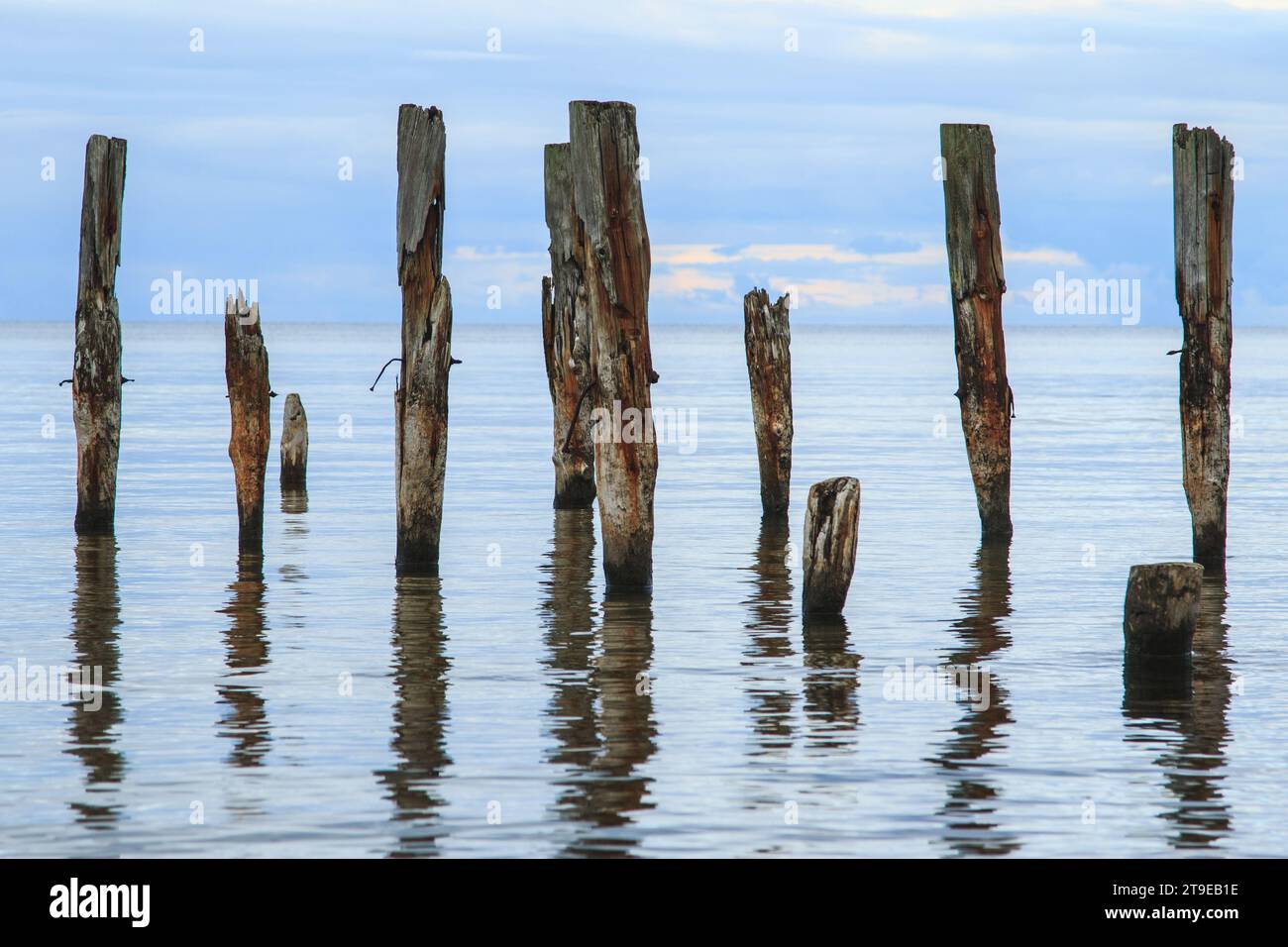 Un beau cliché d'un paysage de mer calme avec des poteaux de jetée cassés sortant de l'eau sur le fond d'horizon. Banque D'Images