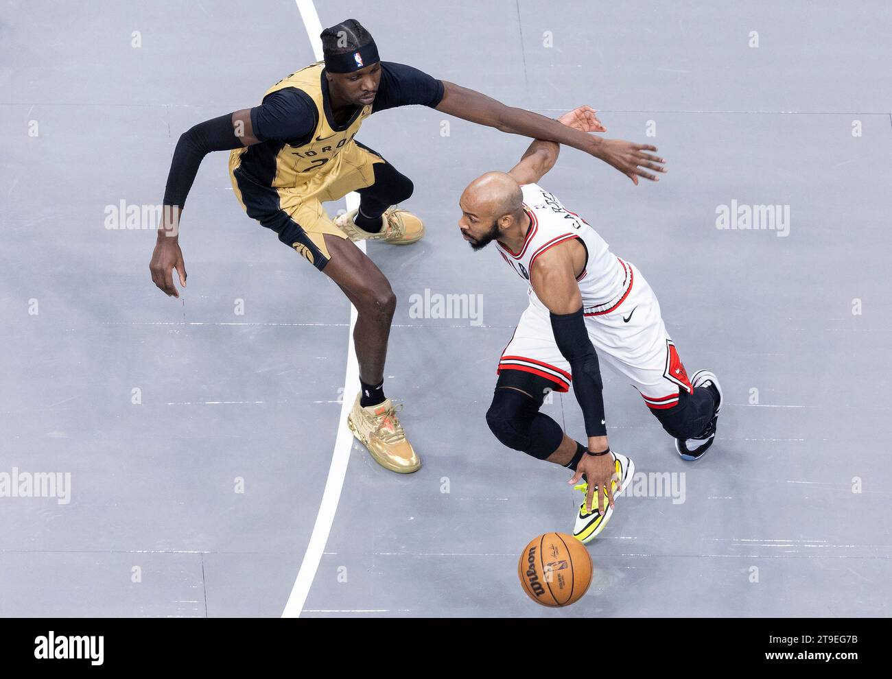 Toronto, Canada. 24 novembre 2023. Jevon carter (à droite) des Chicago Bulls conduit le ballon lors du match du tournoi en saison 2023-2024 entre les Raptors de Toronto et les Chicago Bulls à Toronto, Canada, le 24 novembre 2023. Crédit : Zou Zheng/Xinhua/Alamy Live News Banque D'Images