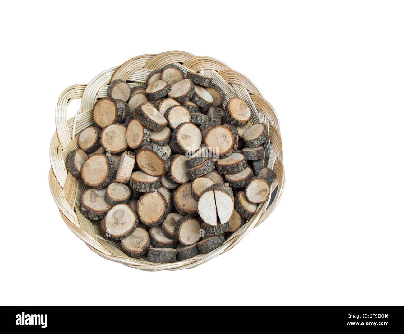 Morceau de bois rond isolé en coupe transversale avec un motif de texture d'anneau de bois et de fissures Banque D'Images
