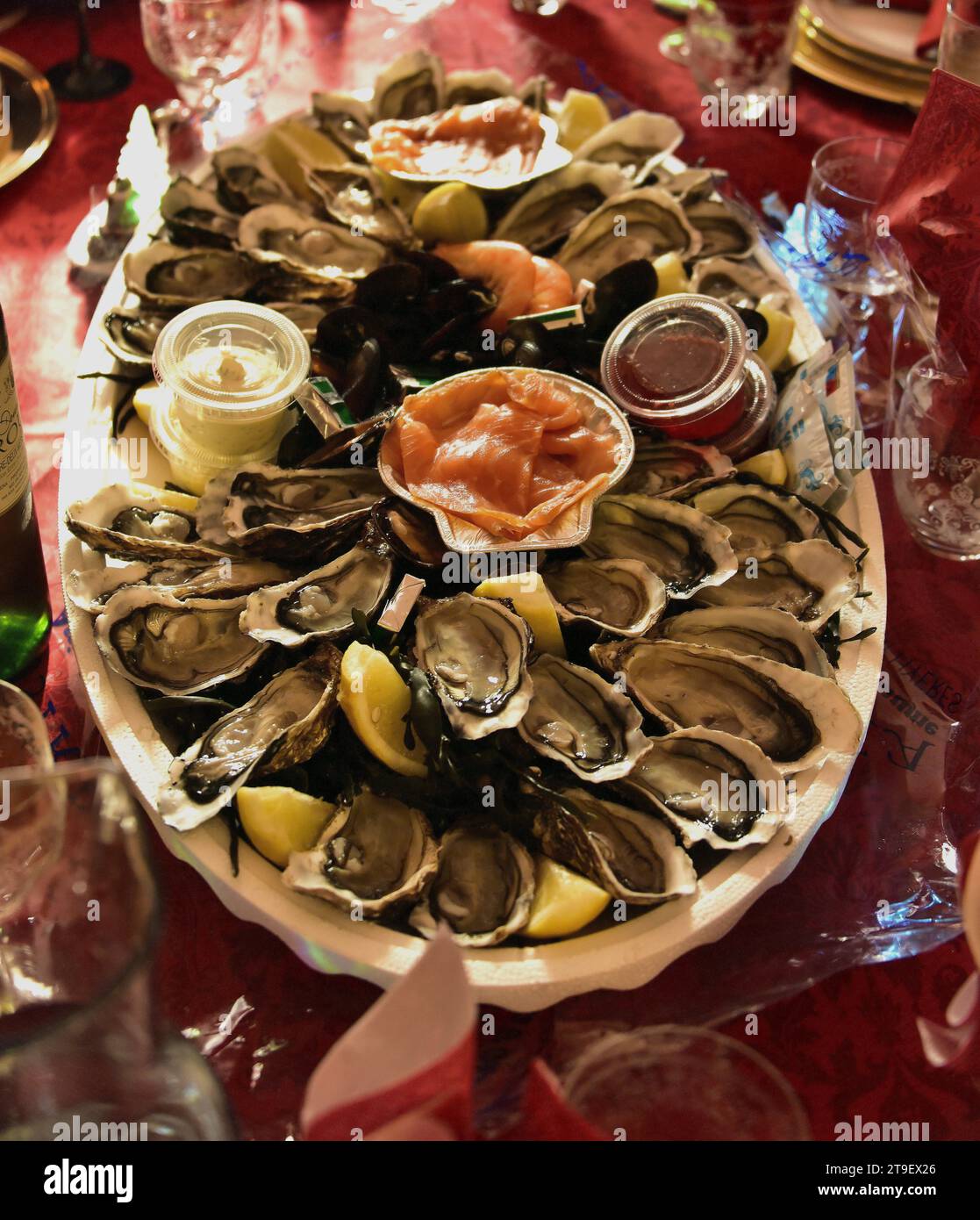 Plateau de coquillages. avec les muscles des huîtres ursins saumon, vinaigre d'échalote et mayonaise Banque D'Images