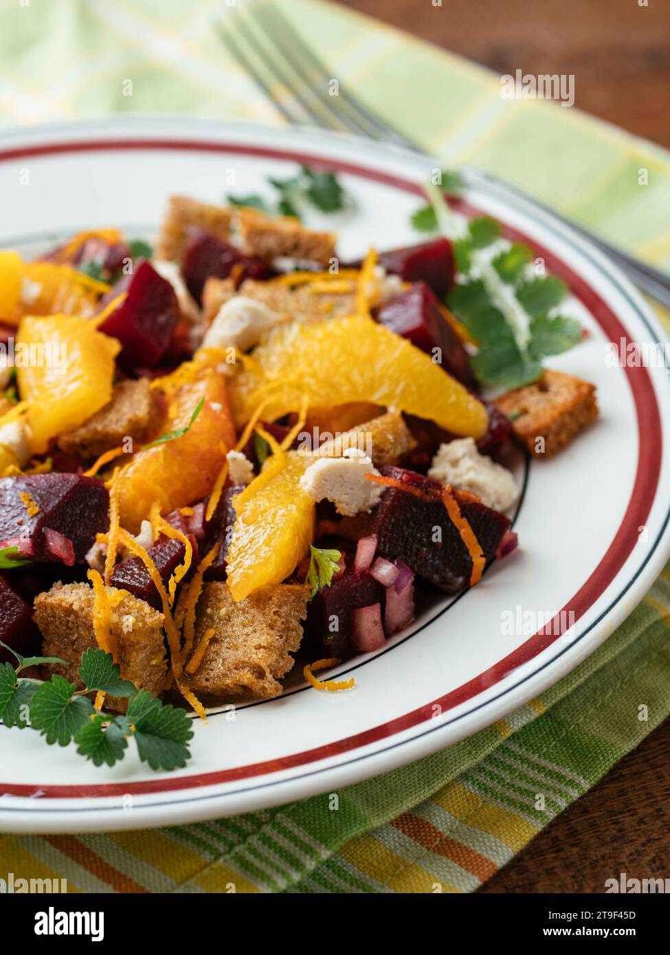 Panzanella de pain de betterave et de seigle aux oranges et feta végétalienne maison Banque D'Images