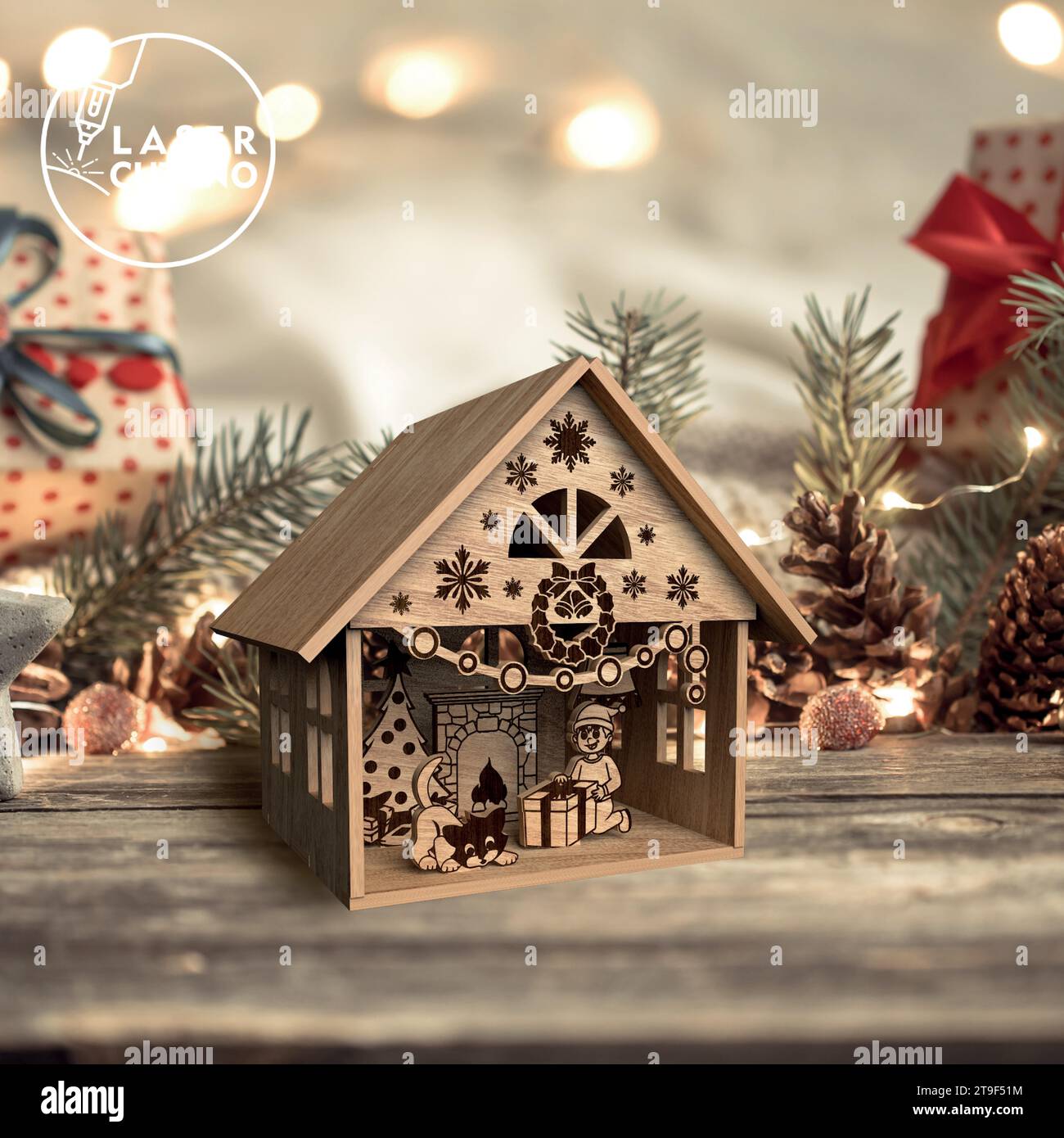 Modèle de coupe au laser maison noel Banque de photographies et d