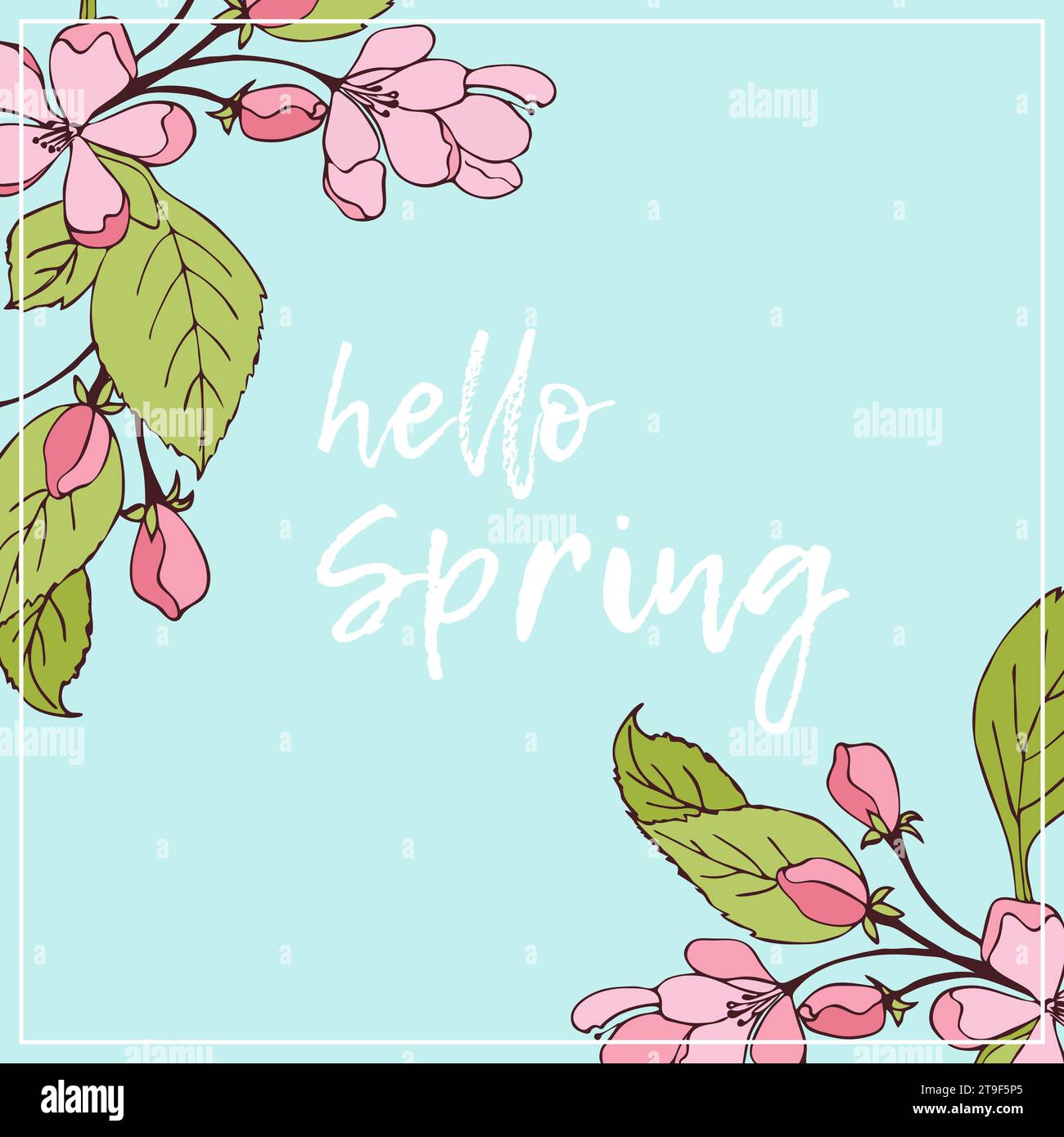 Bonjour bannière de printemps avec des branches de sakura en fleurs dessinées à la main, temps de printemps, belle affiche lumineuse avec fond bleu. Illustration vectorielle Illustration de Vecteur
