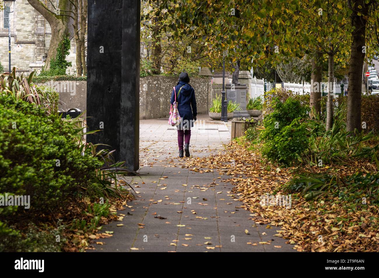 Femme marche à travers les feuilles tombées à Clonakilty, West Cork, Irlande pendant l'automne. Banque D'Images