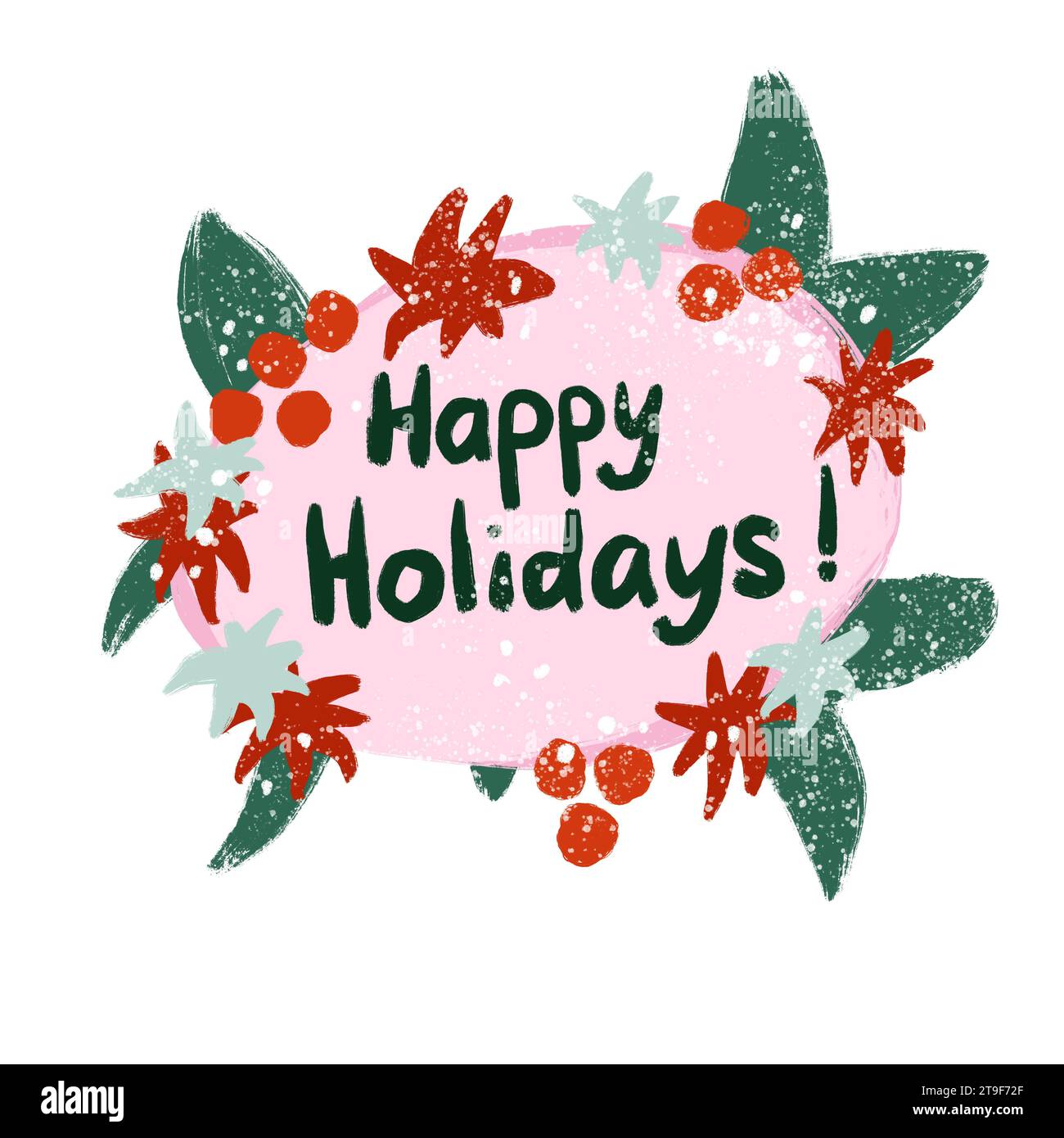 Illustration dessinée à la main ovale avec salutation joyeuses fêtes dans la couronne de noël. Branches de sapin vert baies de houx rose branches de conifères de sapin pin sapin. Affiche d'invitation hiver décembre Banque D'Images