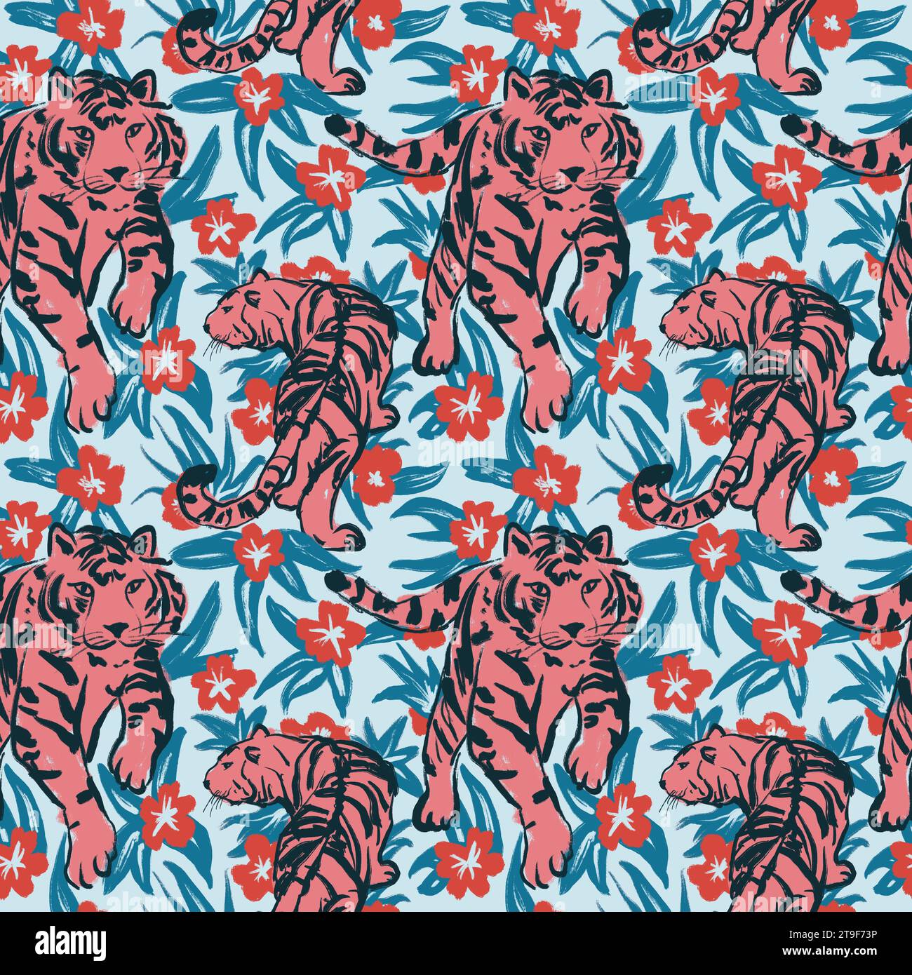 Motif sans couture dessiné à la main avec tigre rose sur fond tropical jungle bleu. Forêt sauvage turquoise blush d'été nature, feuilles colorées Tredy zoo imprimé hawaii, faune exotique animal chat art safari Banque D'Images