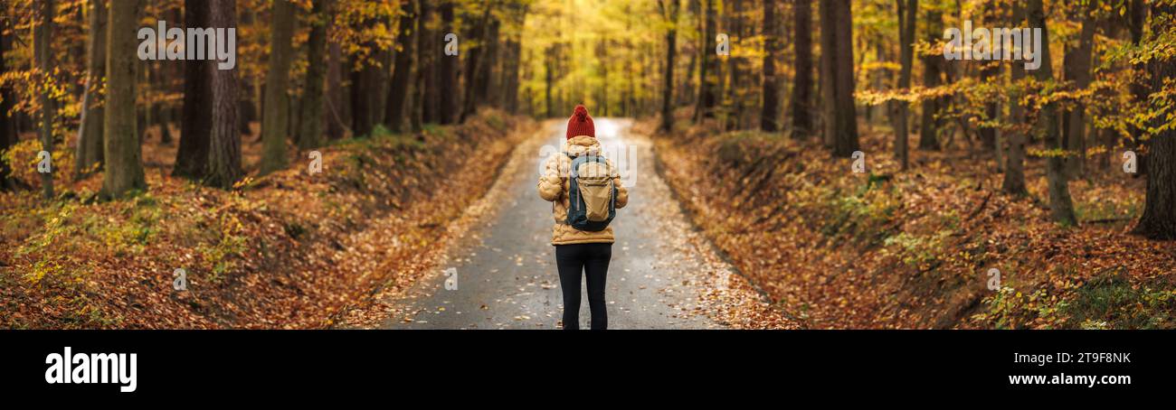 Femme randonnée dans la forêt d'automne. Randonneur féminin avec sac à dos marche sur la route dans les bois. Vue panoramique Banque D'Images