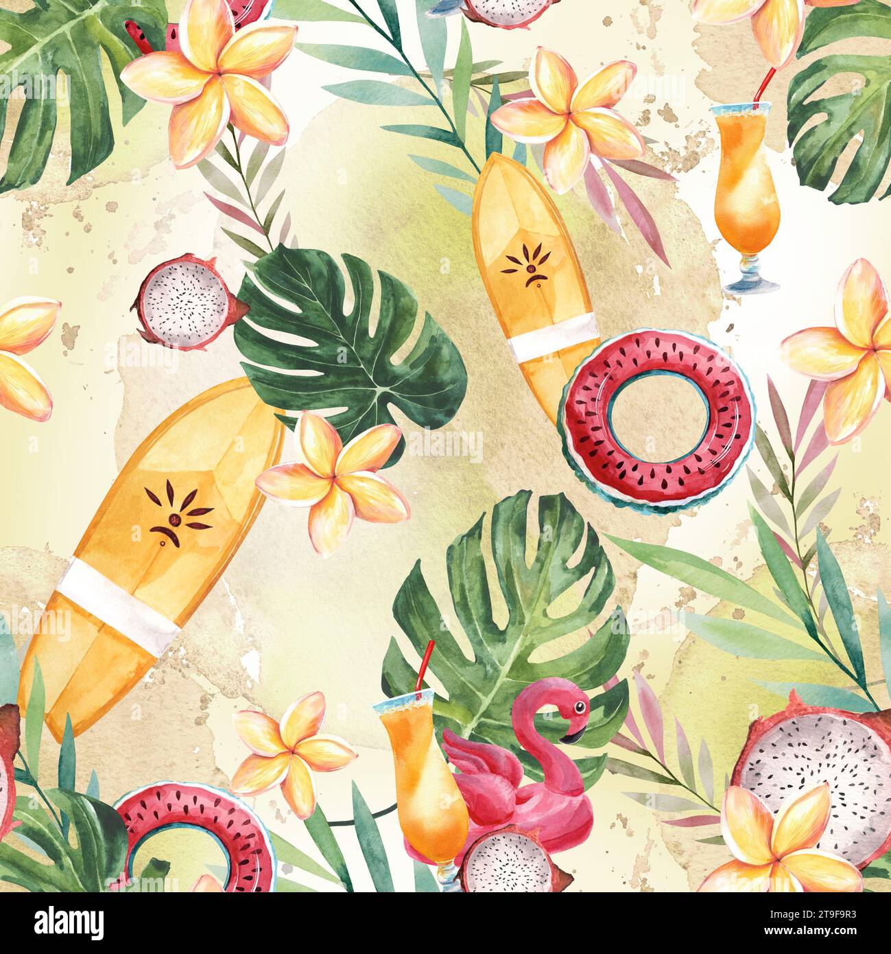 Ensemble d'illustrations de vacances d'été. Dessin à l'aquarelle. objet isolé. motif sans couture. Vacances d'été dans une station tropicale. Dessin pour la conception Banque D'Images