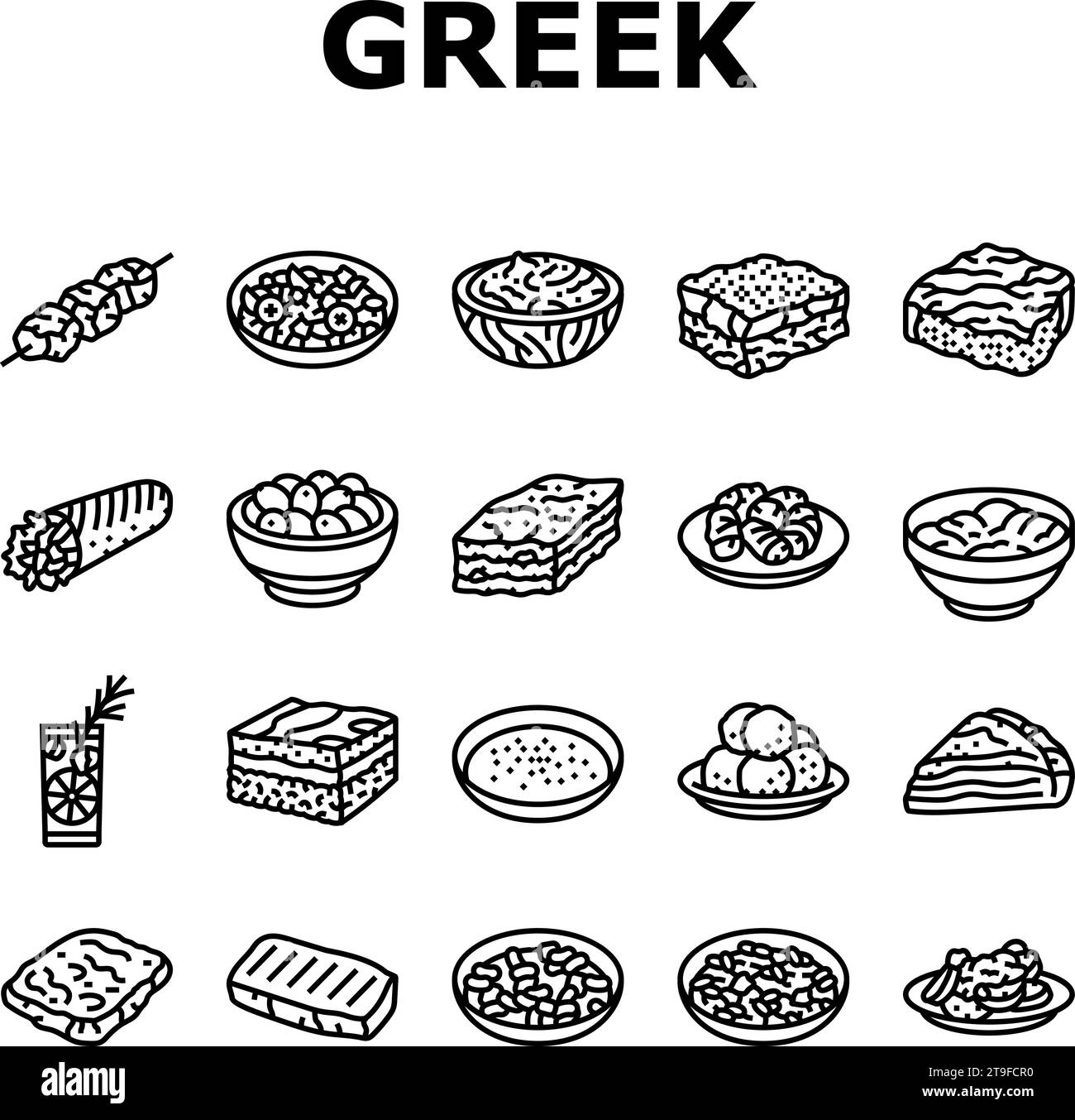 vecteur d'ensemble d'icônes de déjeuner de cuisine grecque Illustration de Vecteur