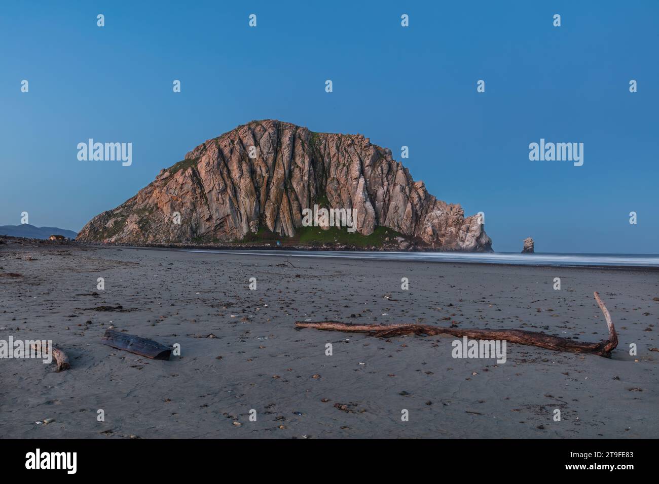 Morro Rock au lever du soleil, à Morro Bay, California.Beach au premier plan jonché de coquillages et de bois flotté. Océan Pacifique d'un côté. Banque D'Images