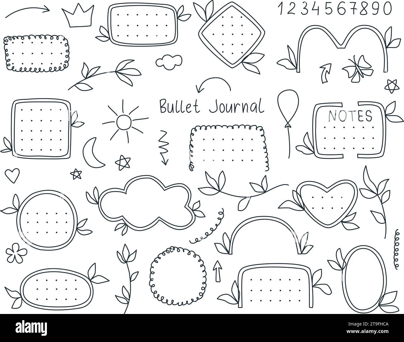 Jeu de styles de croquis de journal de balle. Collection éléments dessinés à la main simples pour la journalisation, l'écriture, la conception de planificateur et plus encore. Cadre, jante, ligne Illustration de Vecteur