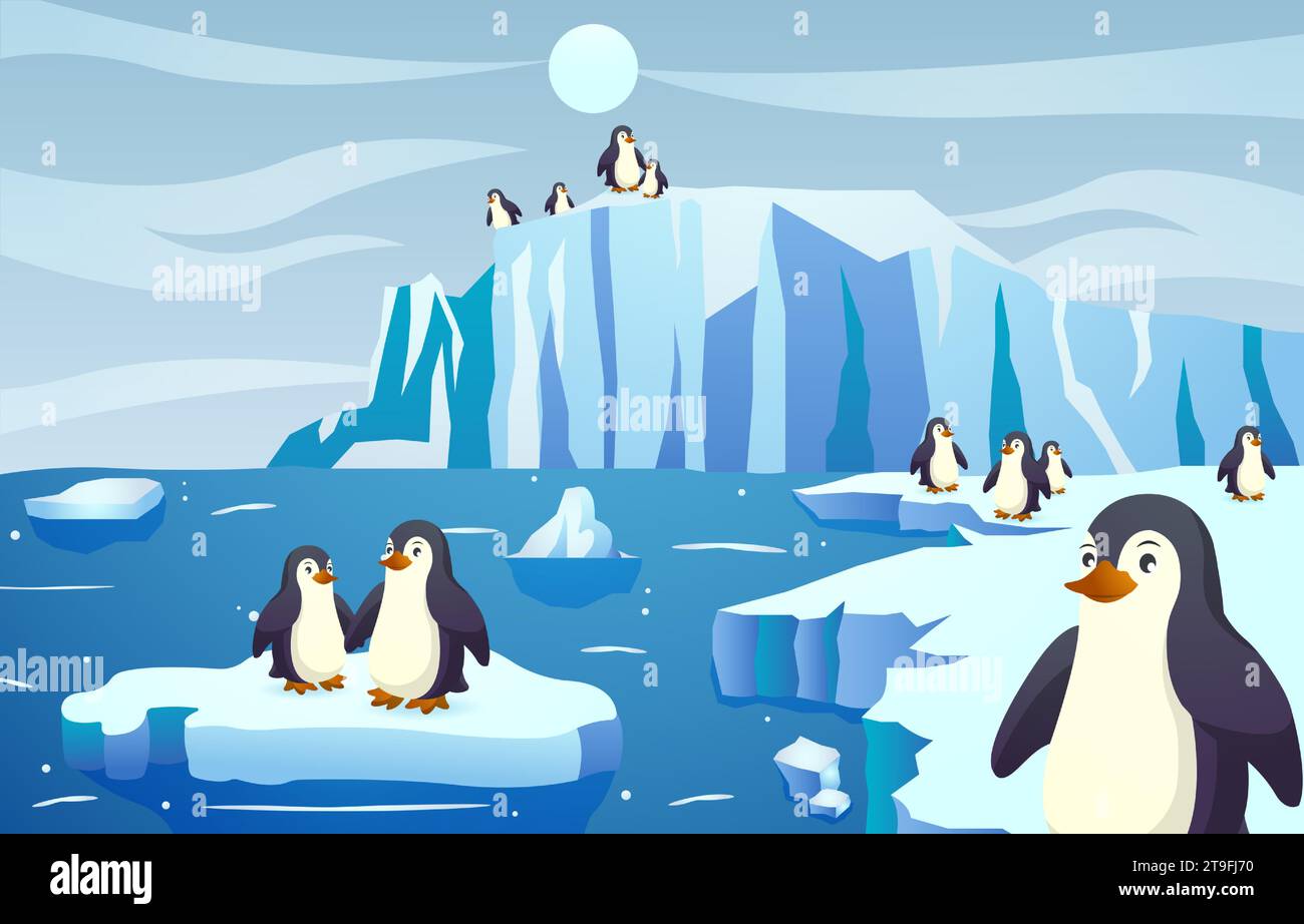 Groupe de pingouins dans la scène antarctique . Vecteur . Illustration de Vecteur
