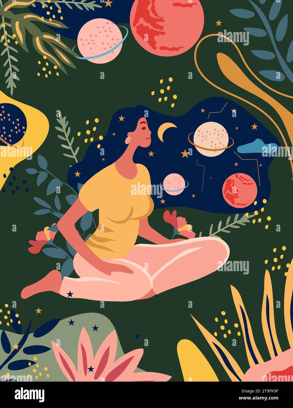 Femme en méditation tranquille au milieu de la nature et du feuillage.concept pour le yoga, soulagement du stress, pleine conscience, relaxation, bien-être récréatif, et la santé. Illustration vectorielle. Illustration de Vecteur