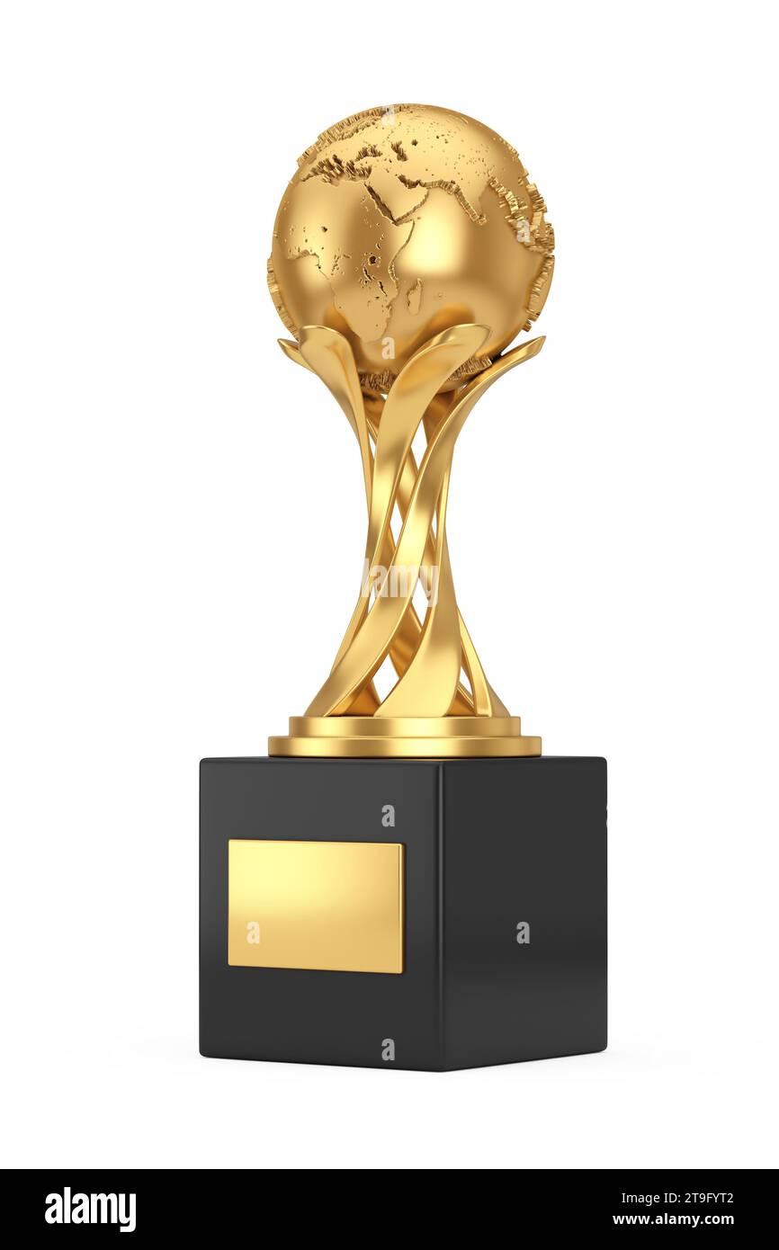 Trophée Golden Award avec Golden Earth Globe sur fond blanc. Rendu 3D. Banque D'Images