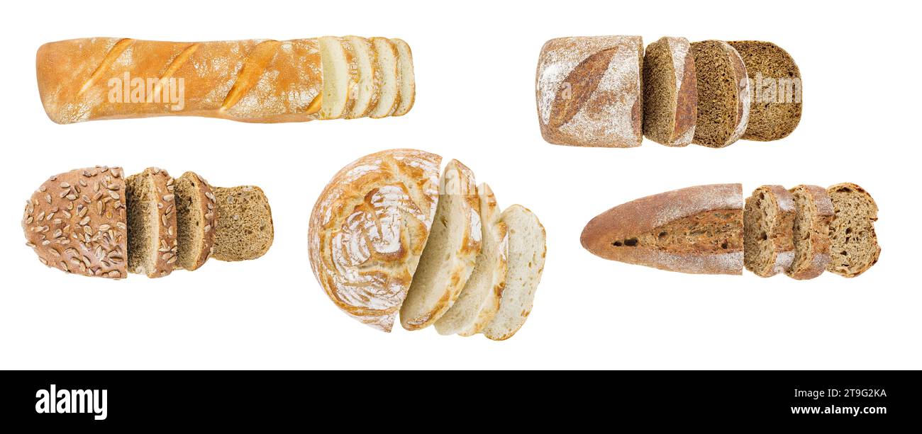 Produits de boulangerie cuisson tranchés, ensemble de pain blanc et foncé, vue de dessus, isolé sur fond blanc Banque D'Images